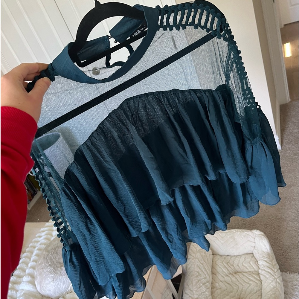 Ina Teal Ruffled Sheer Yoke Blouse - Picture 6 of 7